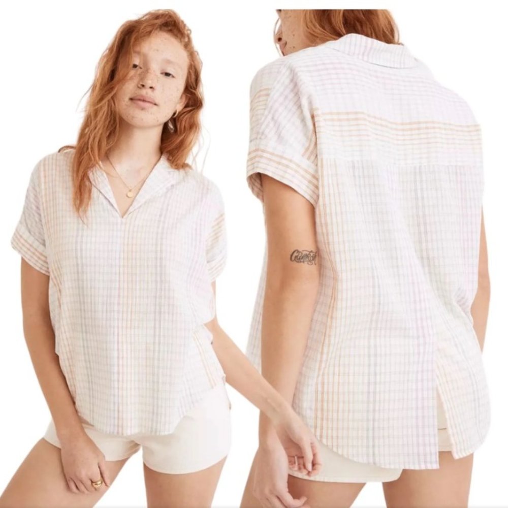 Madewell Lakeline Popover Shirt Ombre Rainbow Plaid In Wispy Cloud (M) NWT!